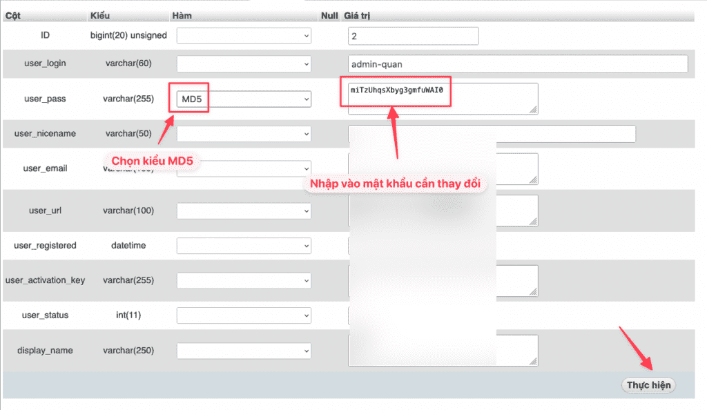 Hướng dẫn thay đổi mật khẩu wordpress trong phpmyadmin